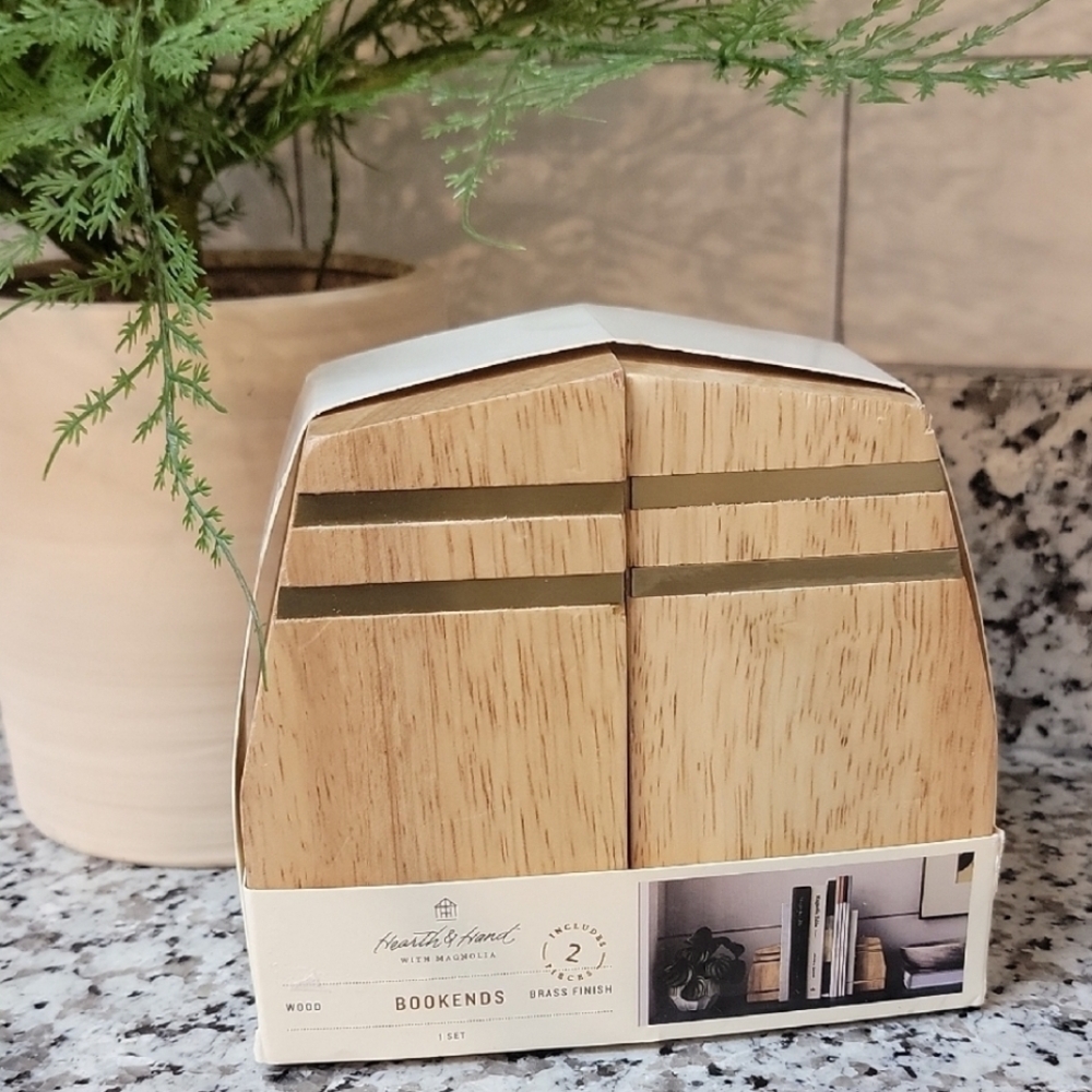 Hearth & Hand Natural Wood Bookends with Brass Accents